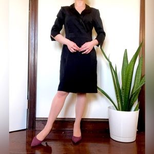 Oui designer dress; knee length; black with a black satin collar; size 6 US